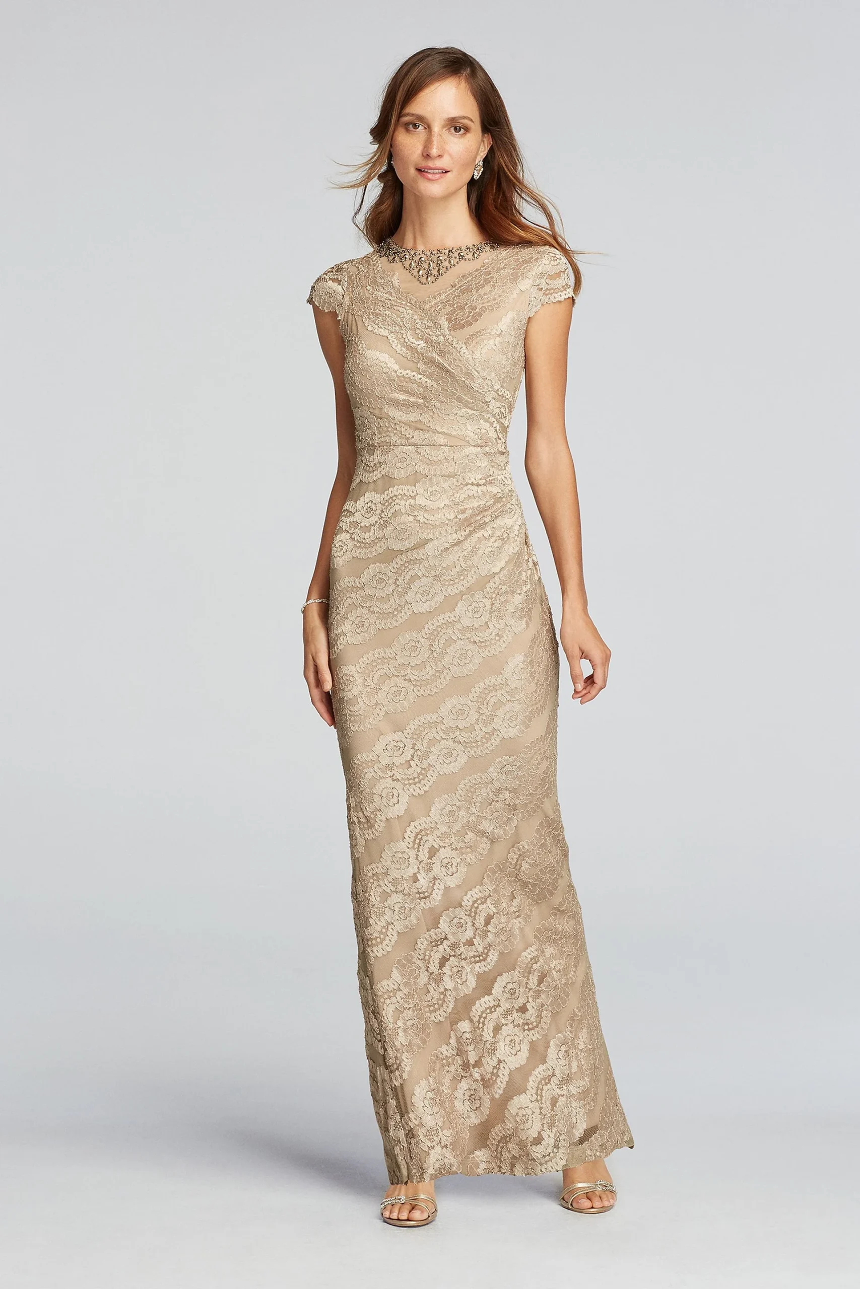 Cap Sleeve Floral Lace Dress with Jeweled Neckline