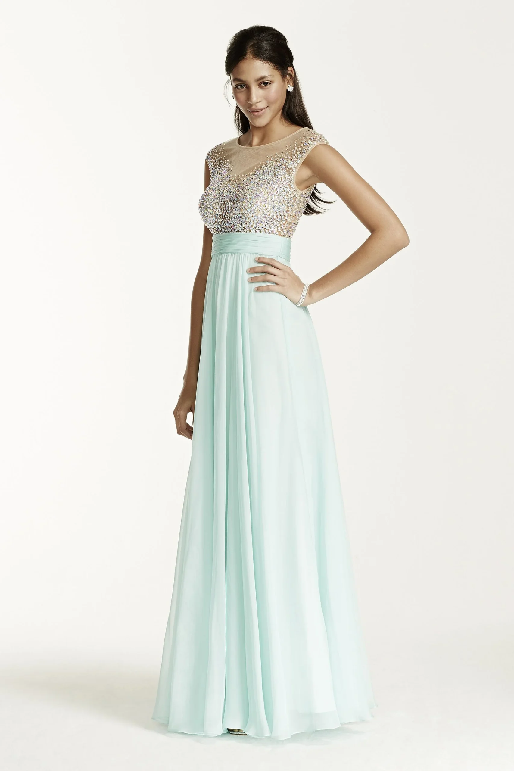 Cap Sleeve Illusion Beaded Bodice Dress