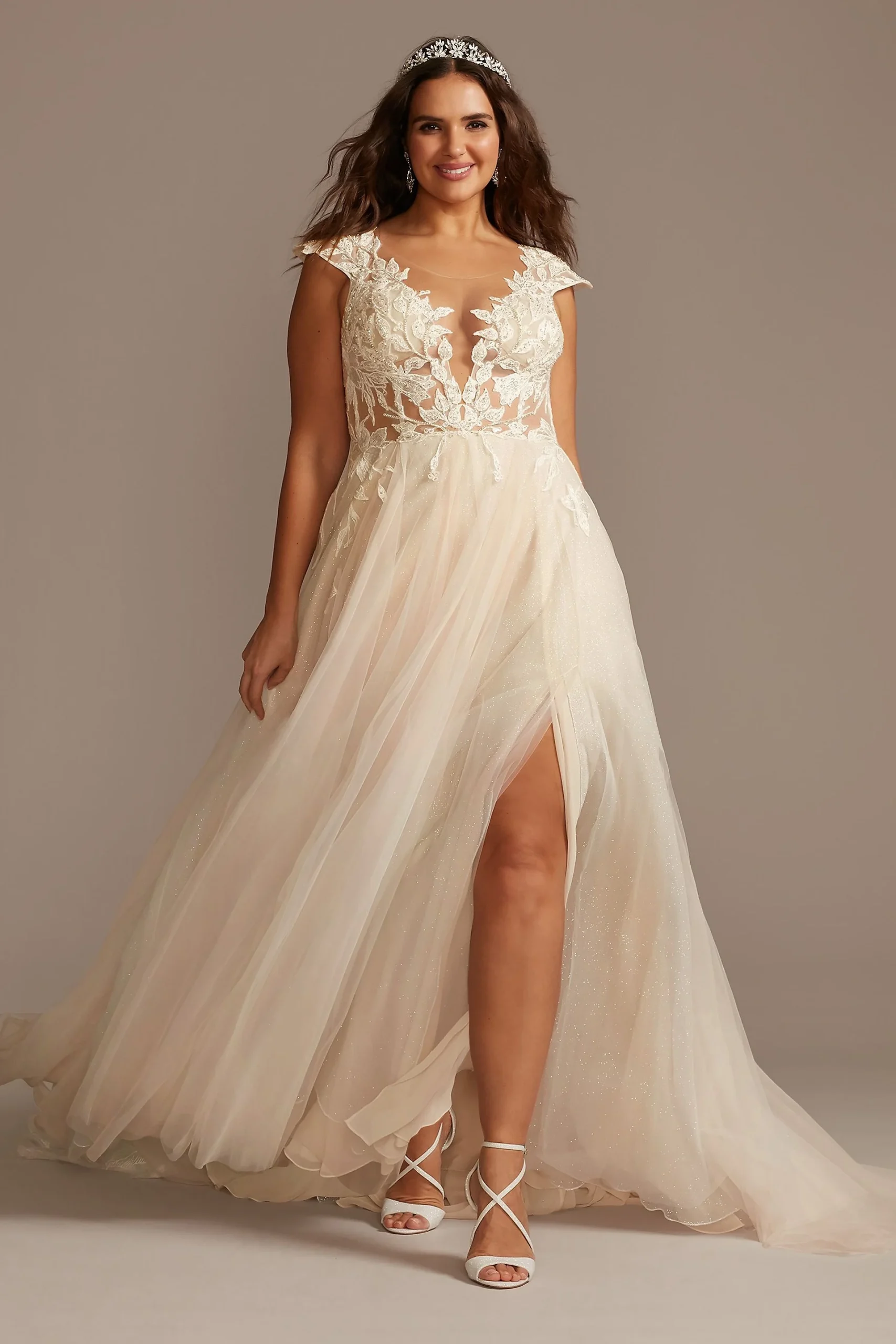 Cap Sleeve Lace Appliqued Plus Wedding Dress