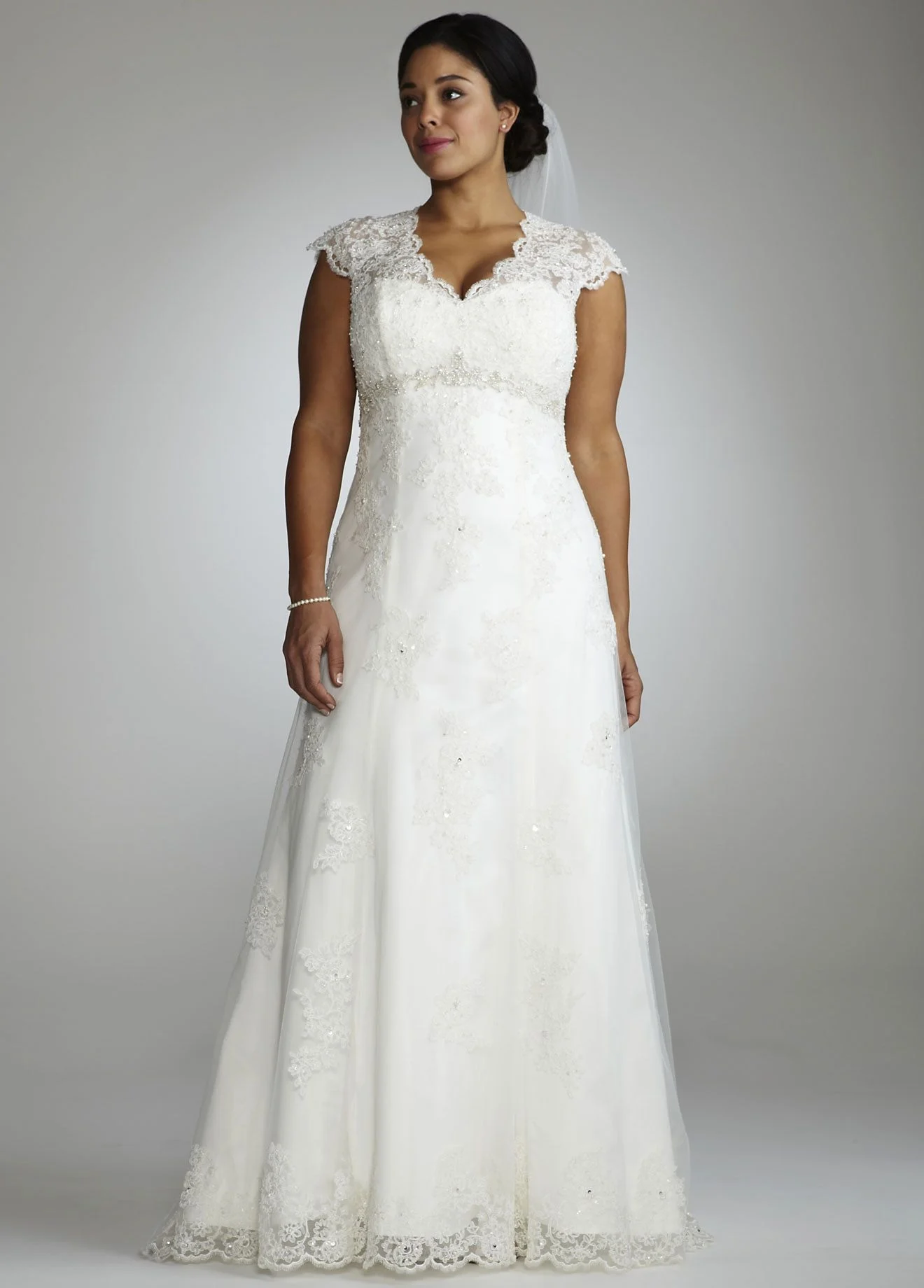 Cap Sleeve Lace Over Satin Gown with Illusion