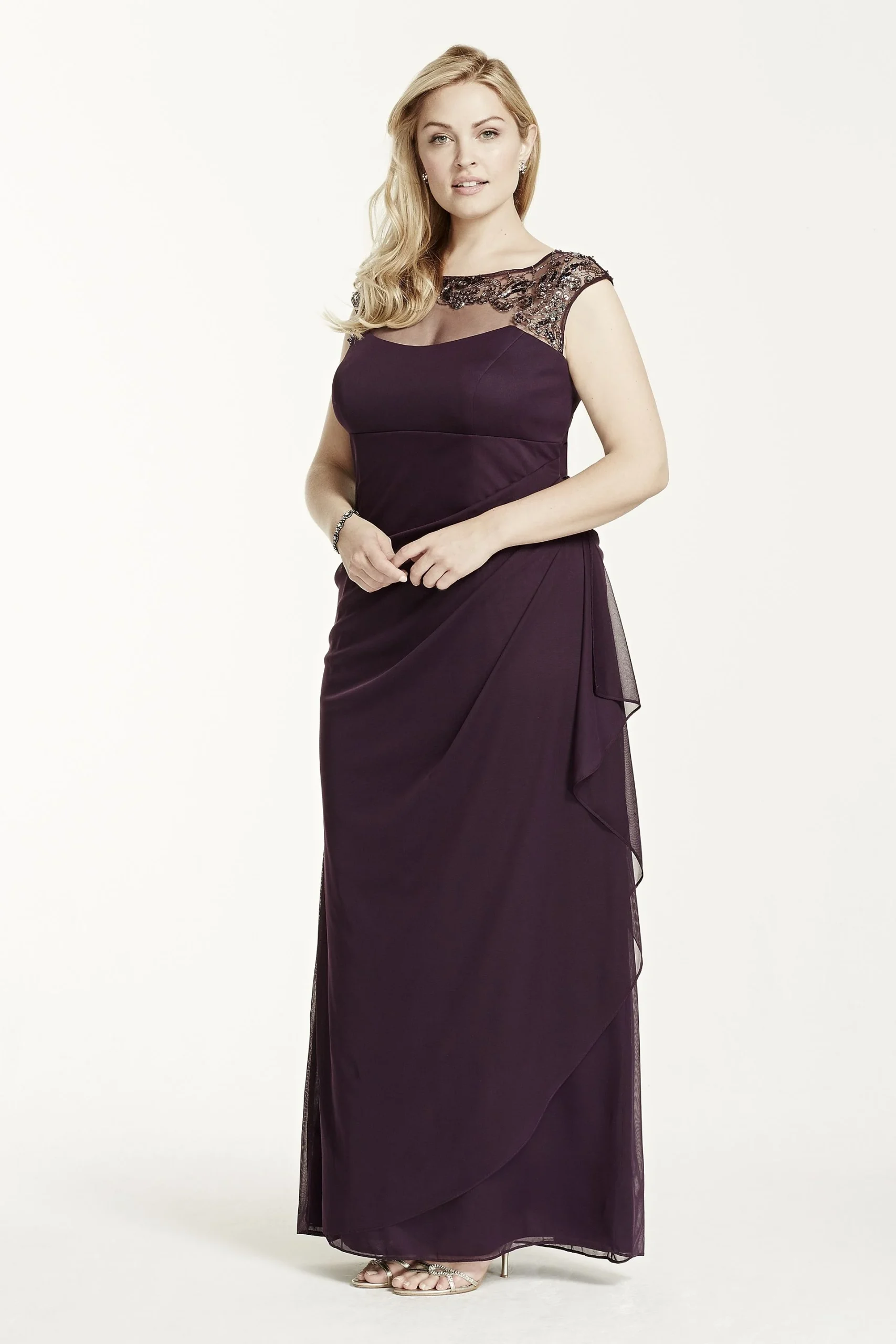Cap Sleeve Long Jersey Dress with Beaded Neckline