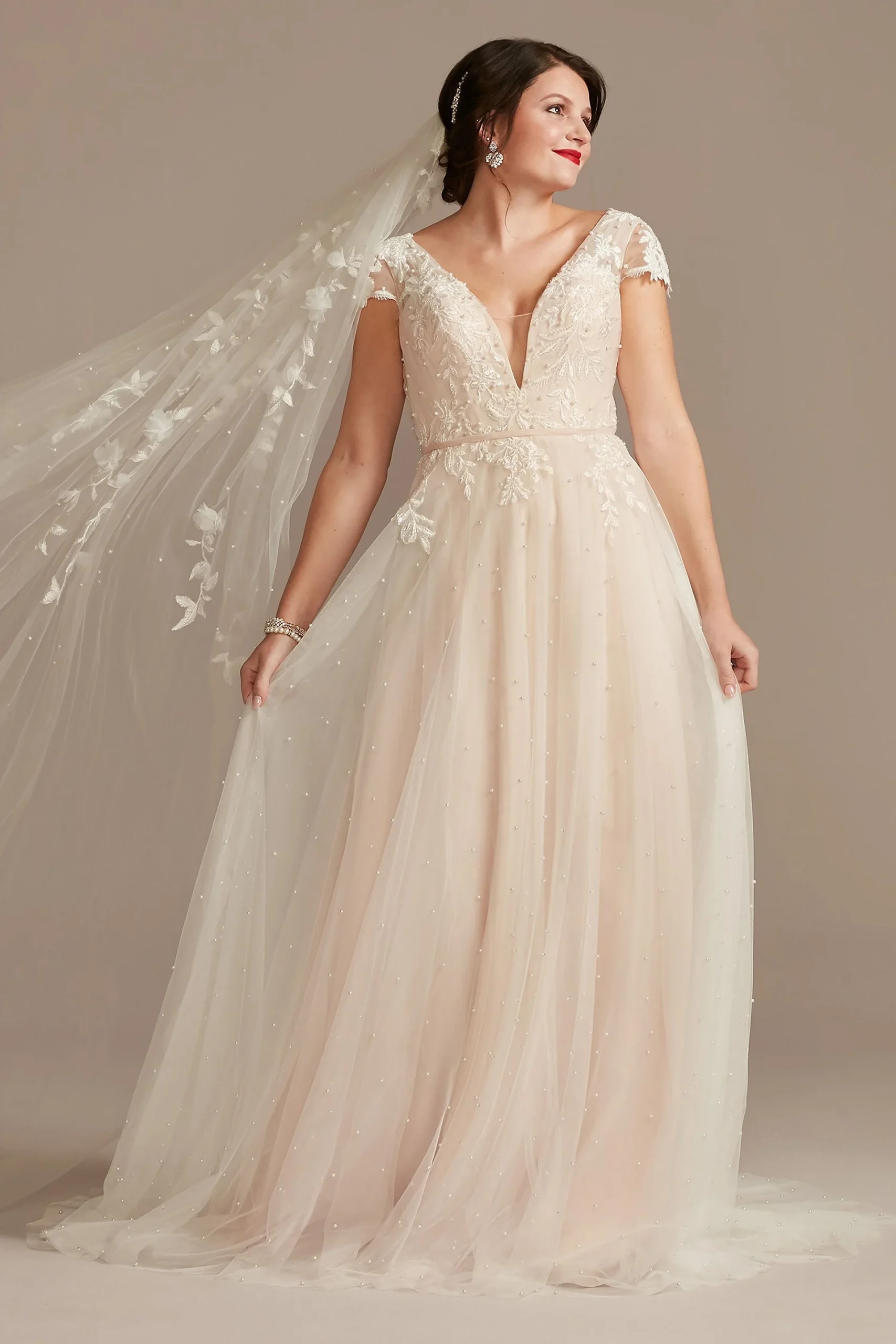 Cap Sleeve Pearl Tulle Wedding Dress with Low Back