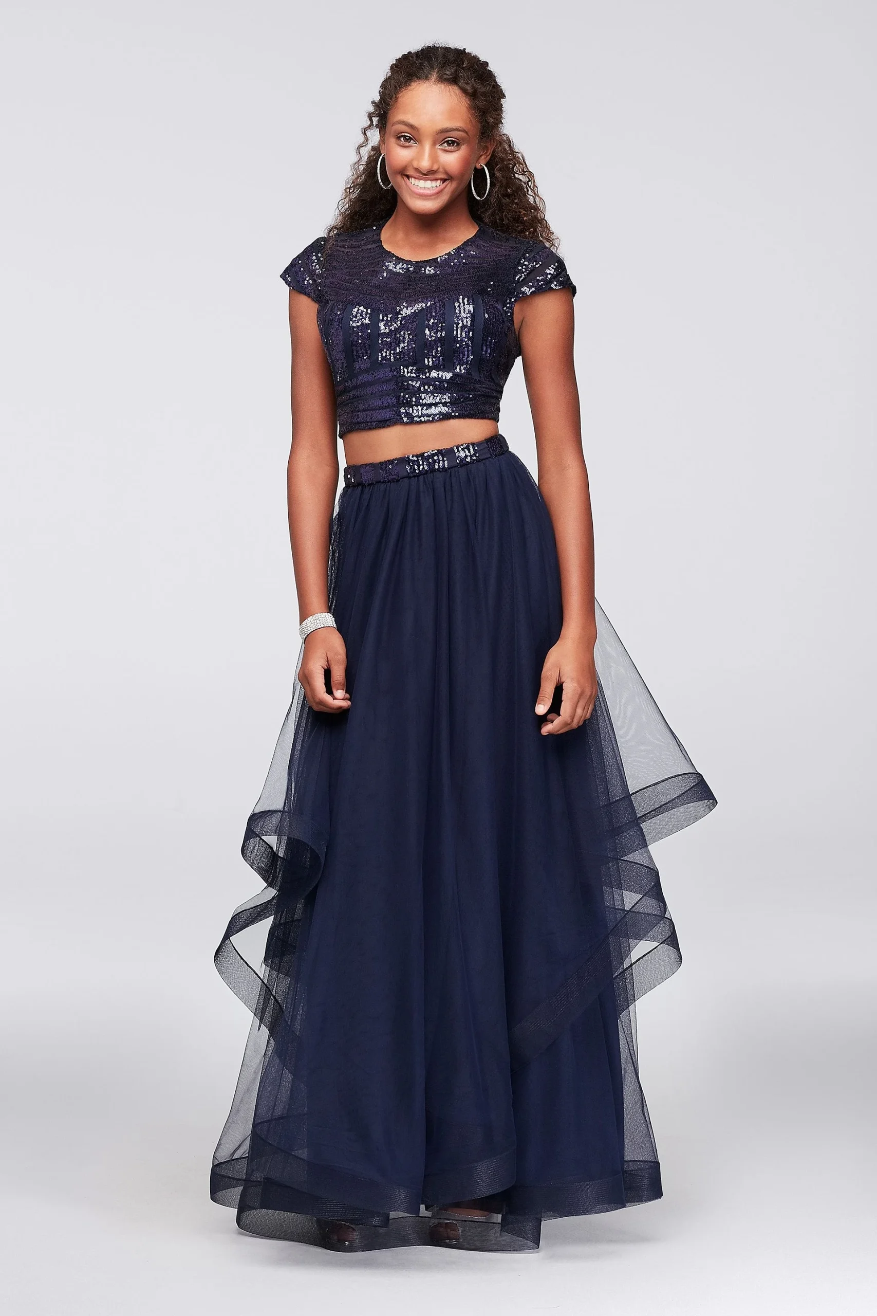 Cap Sleeve Sequin and Tulle Two-Piece Prom Dress