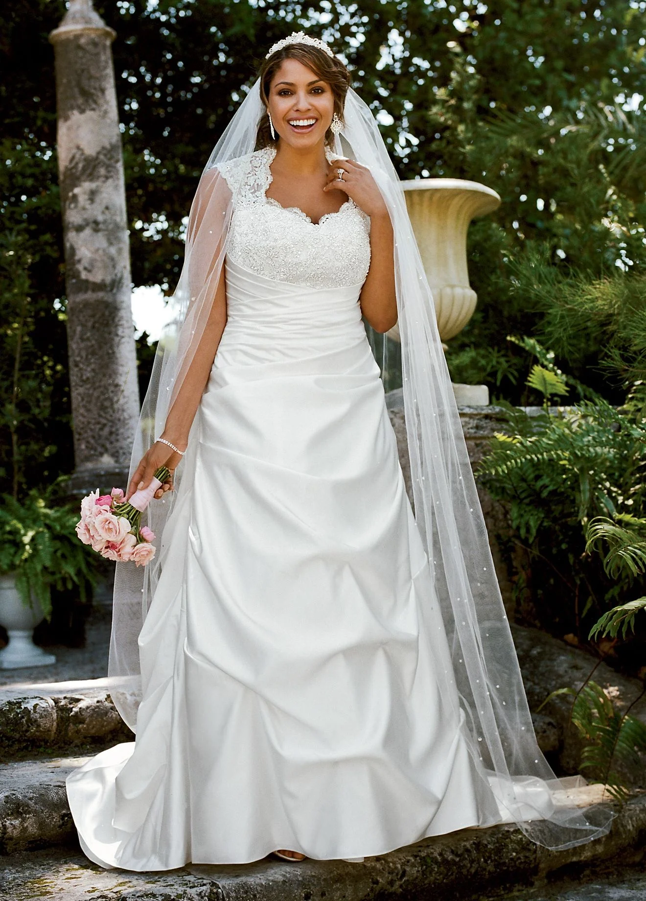 Cap Sleeved Satin Side-Draped A-Line Gown
