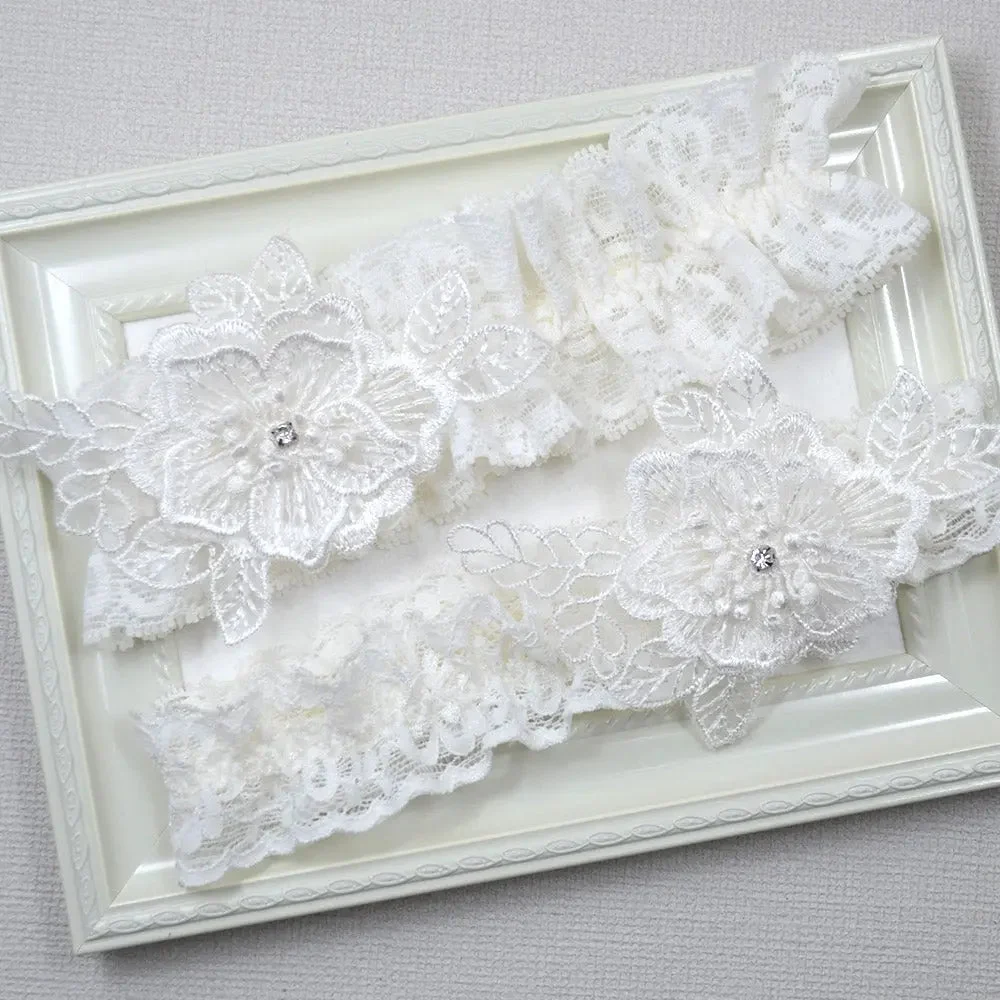 Carley Floral Ivory Lace Wedding Garter Set