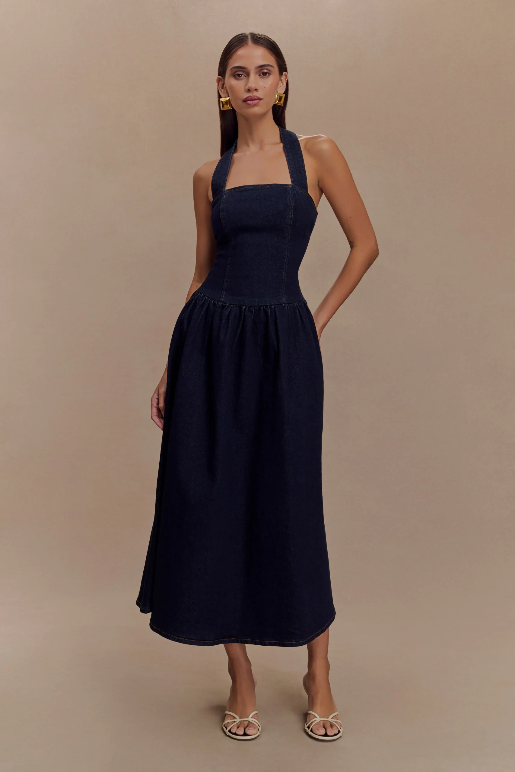 CarolineDenim Halter Midi Dress - Indigo Blue