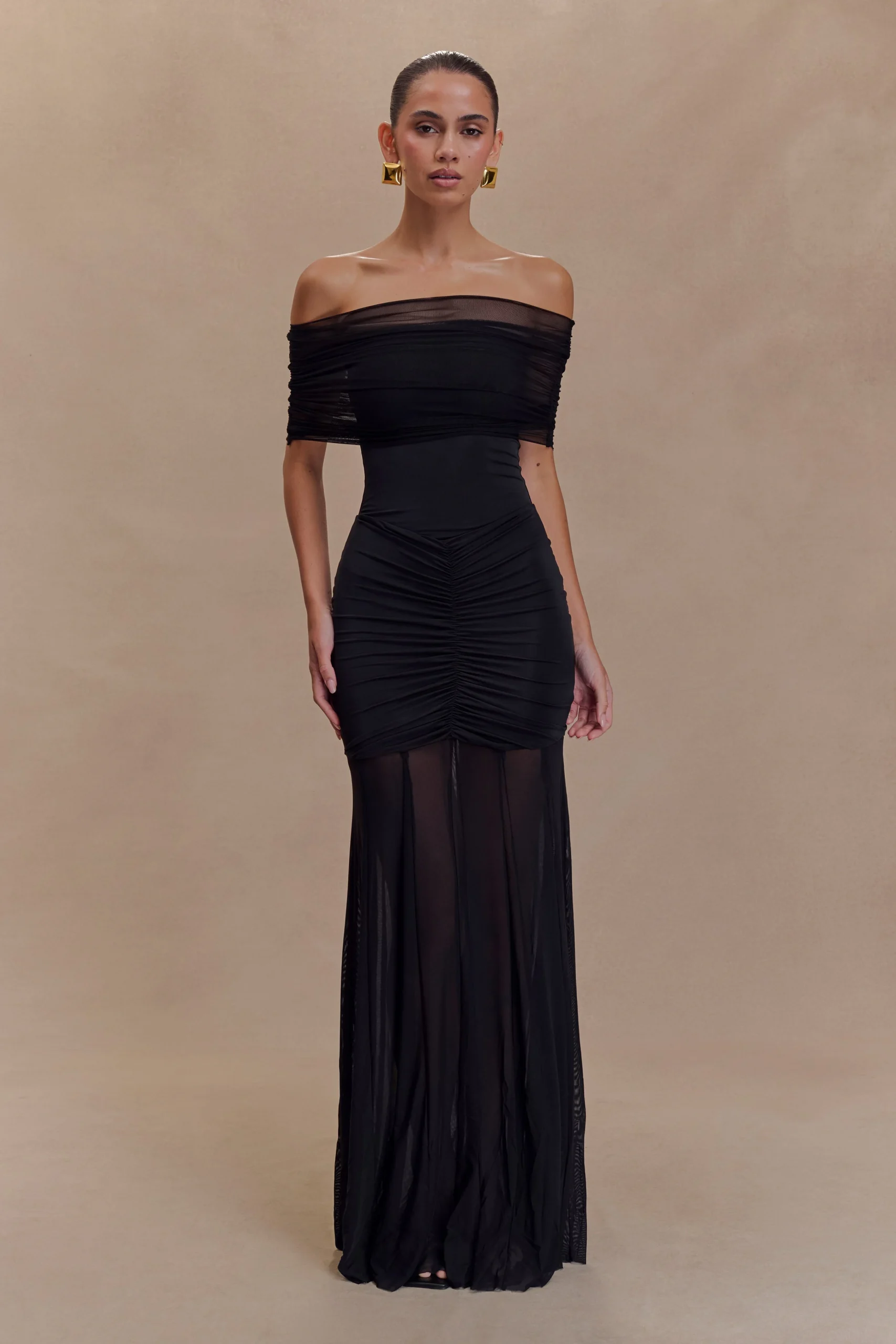 CaspianSlinky And Mesh Off Shoulder Maxi Dress - Black