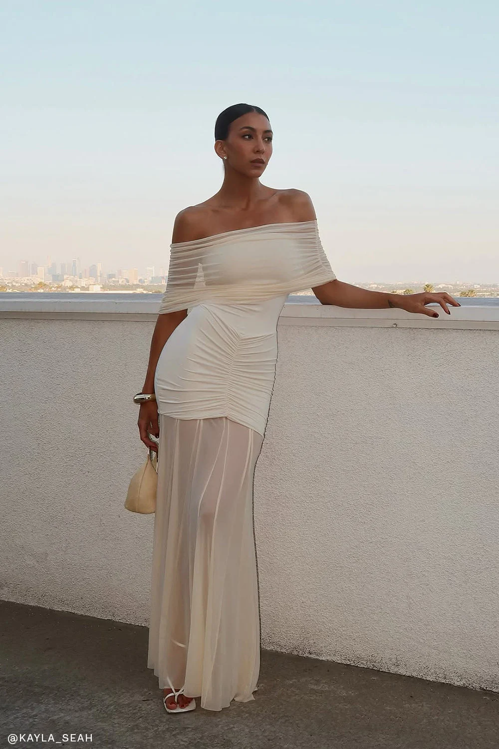 CaspianSlinky And Mesh Off Shoulder Maxi Dress - Ivory