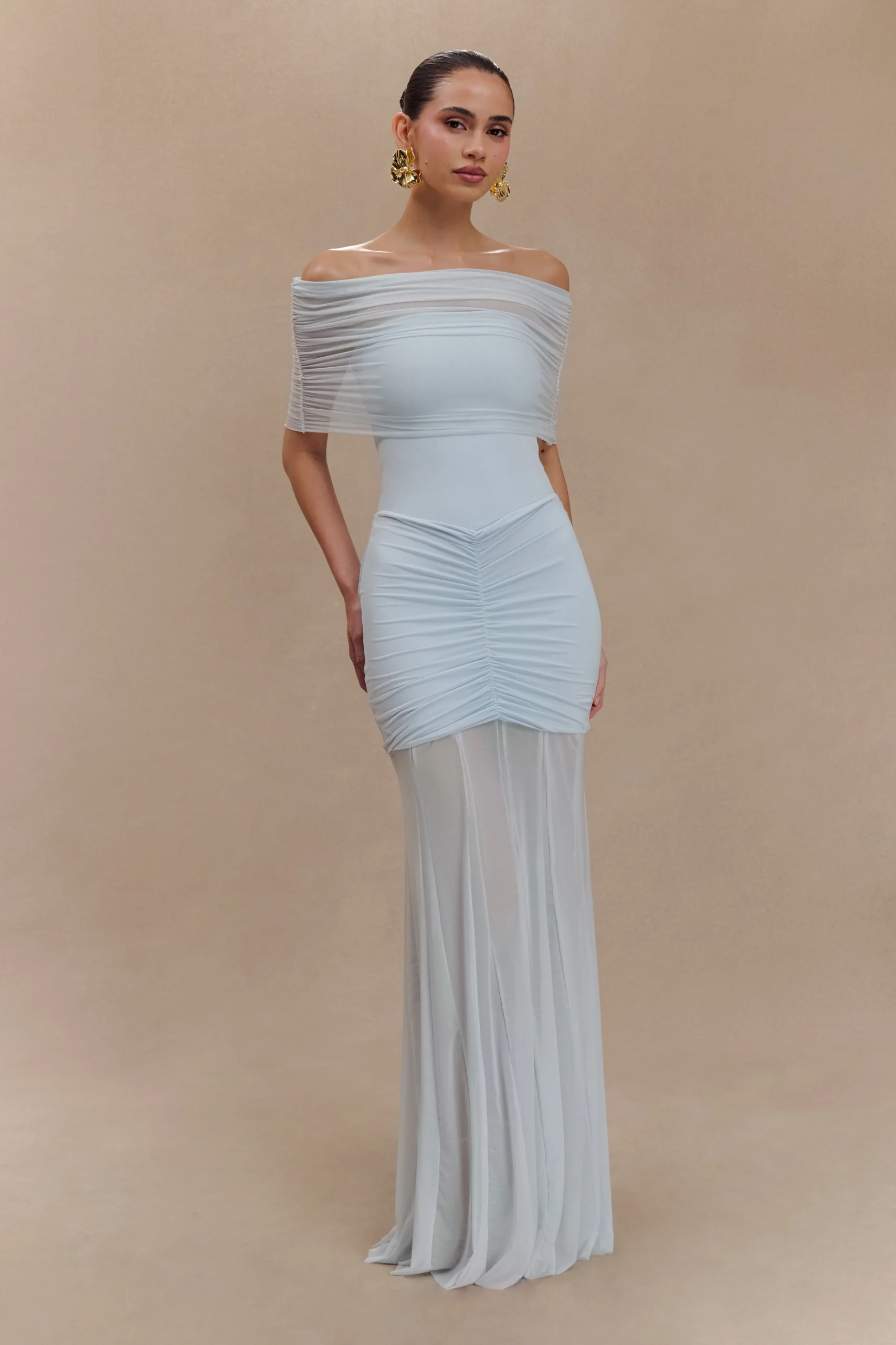 CaspianSlinky And Mesh Off Shoulder Maxi Dress - Pale Blue
