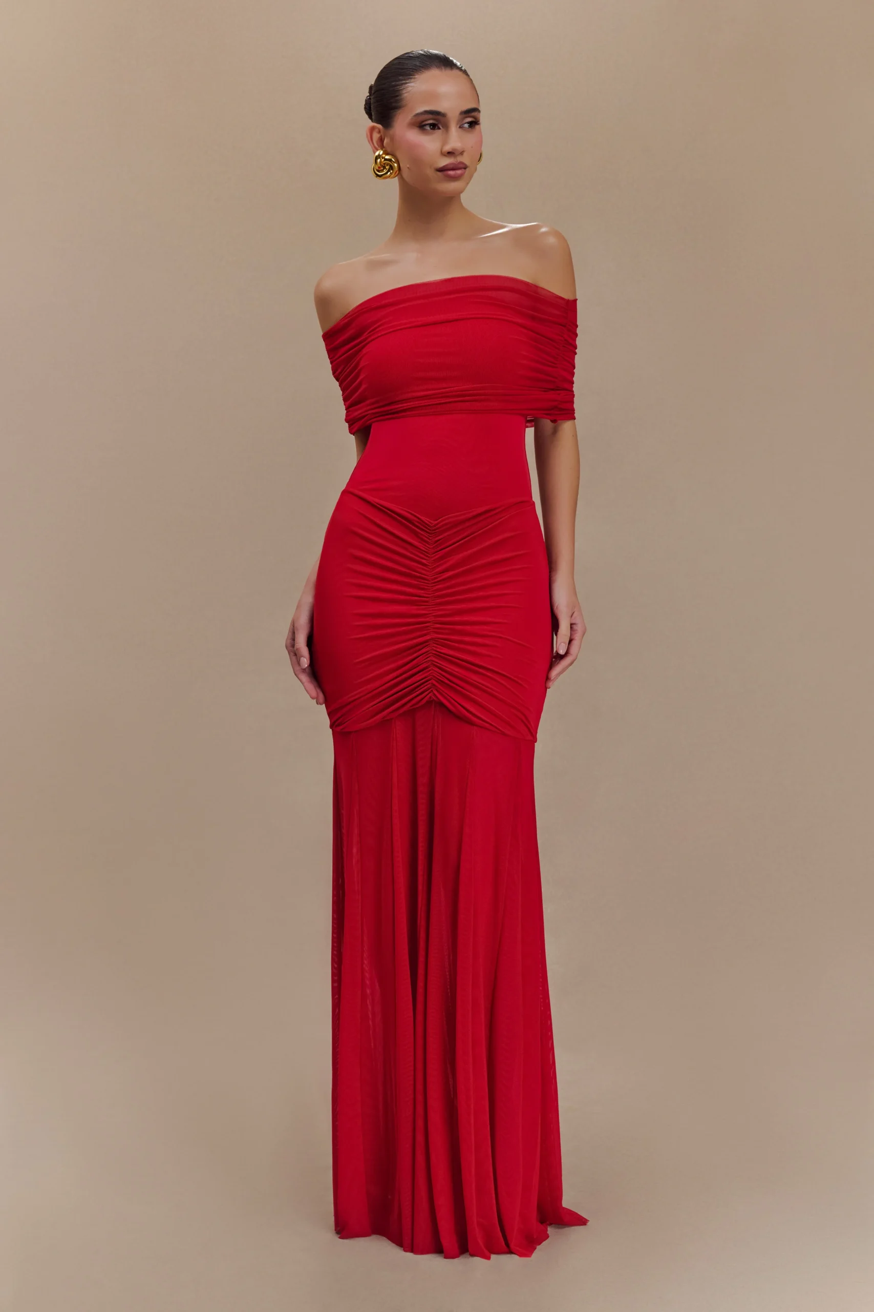 CaspianSlinky And Mesh Off Shoulder Maxi Dress - Ruby