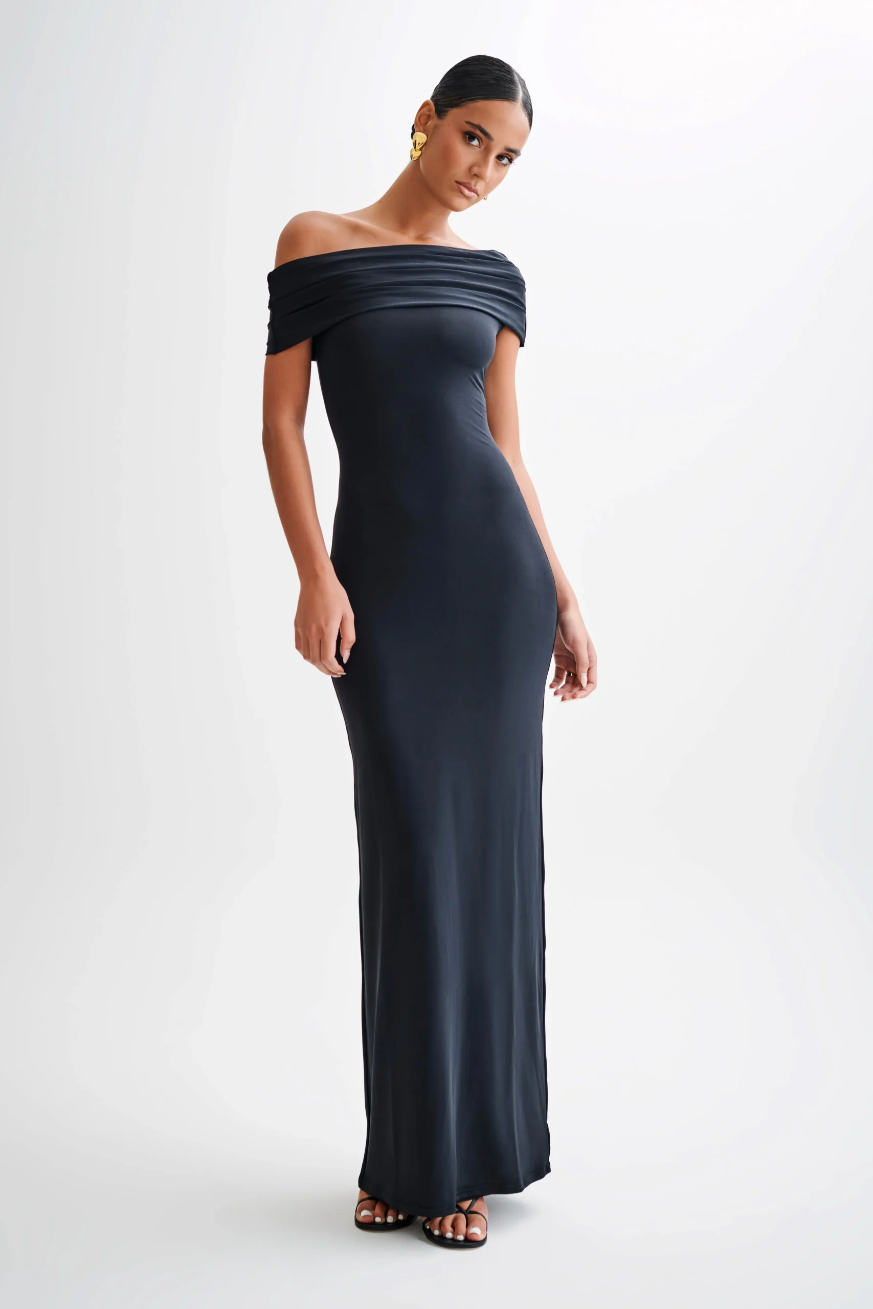 CassandraFINAL SALEOff Shoulder Slinky Maxi Dress - Black