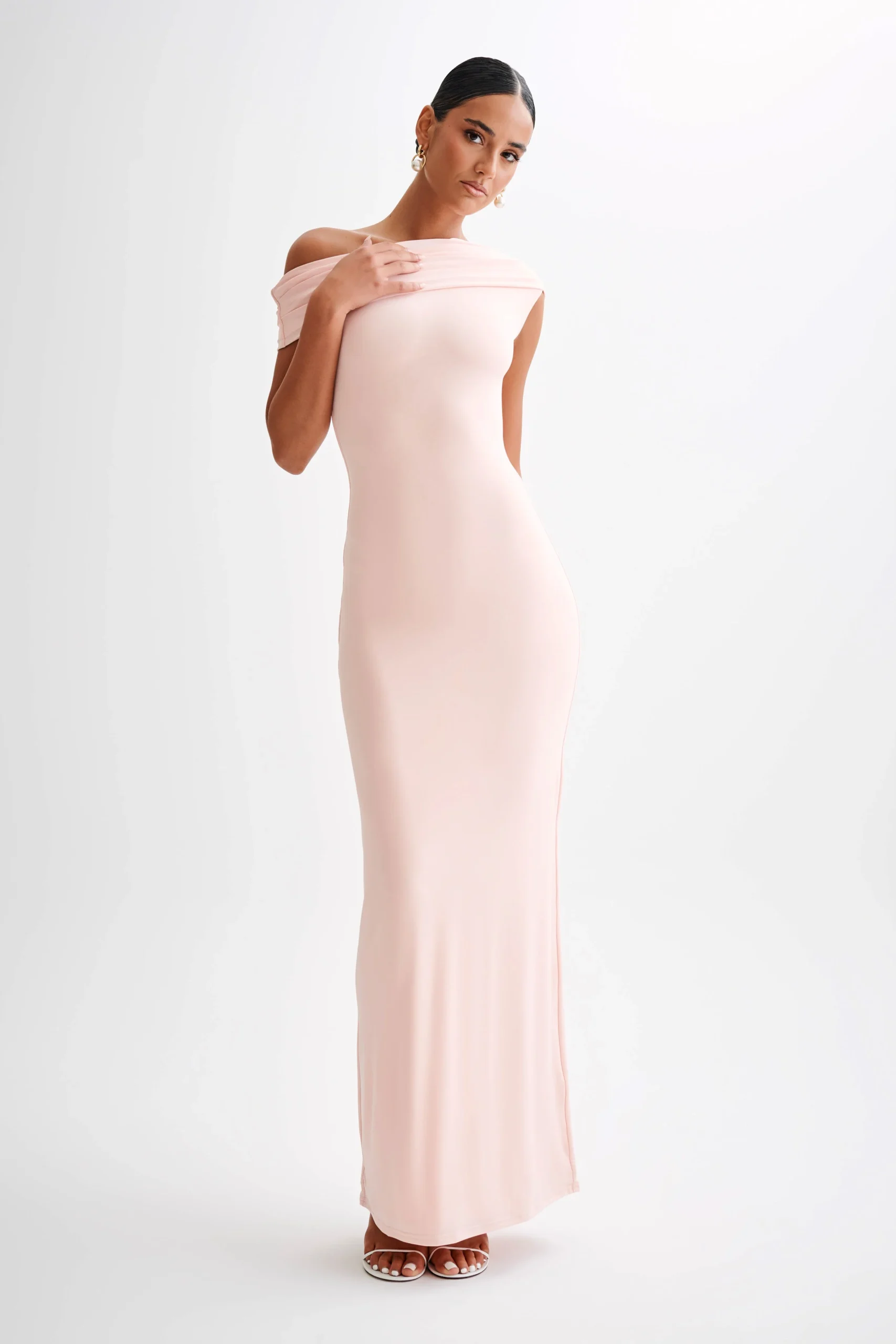 CassandraFINAL SALEOff Shoulder Slinky Maxi Dress - Pale Pink