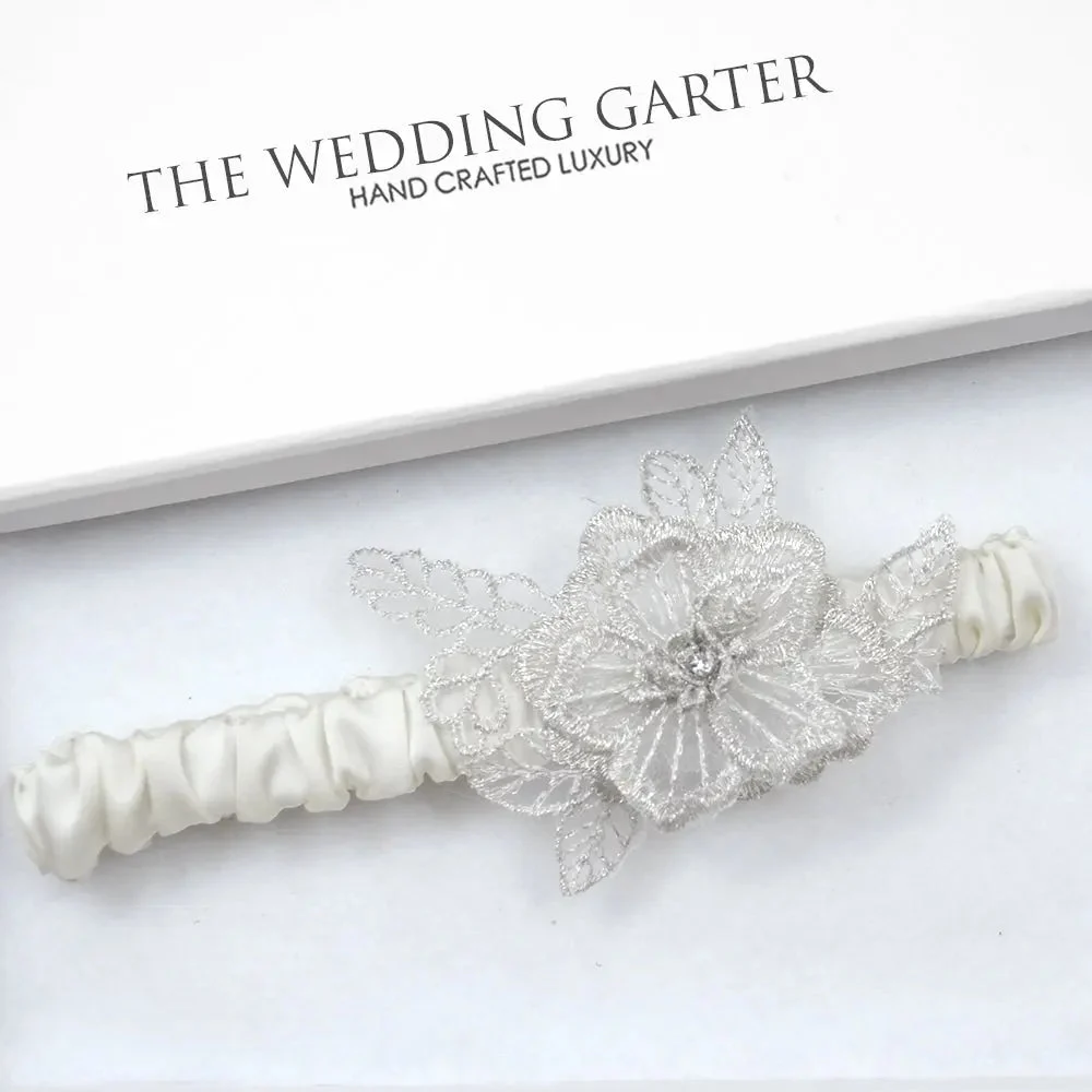 Cassie Cream Satin & Silver Wedding Garter