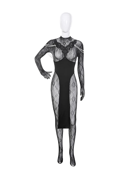 Castle Feast Black Exposed Breasts Shoulder Chain High Slits Cheongsam See-Through Rose Net Full Bodysuit Halloween Sexy Lingerie Set