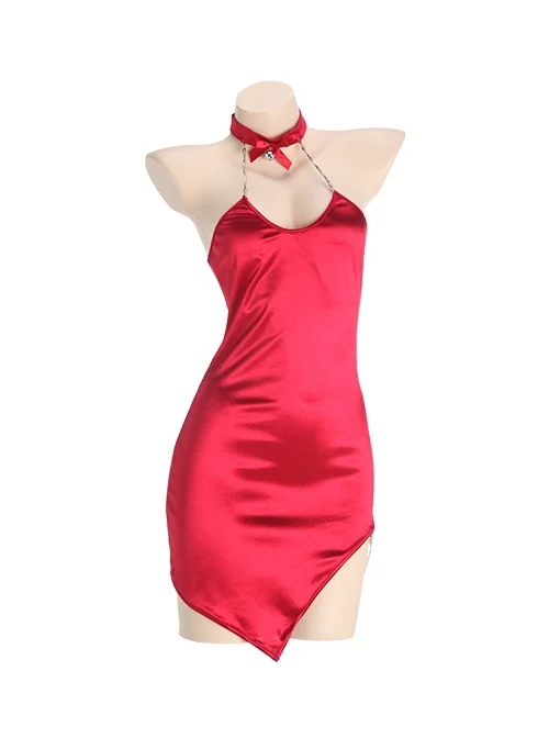Chain Halter Neck Backless Lace-Up Temptation Asymmetrical Hem Christmas Style Slim Dress Sexy Lingerie Set