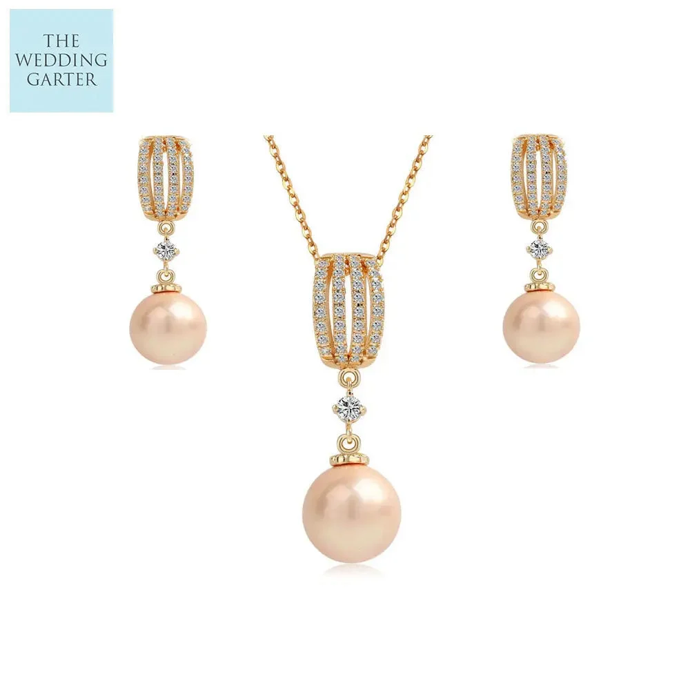Champagne Gold Pearl & Diamond Wedding Jewellery Set for Brides
