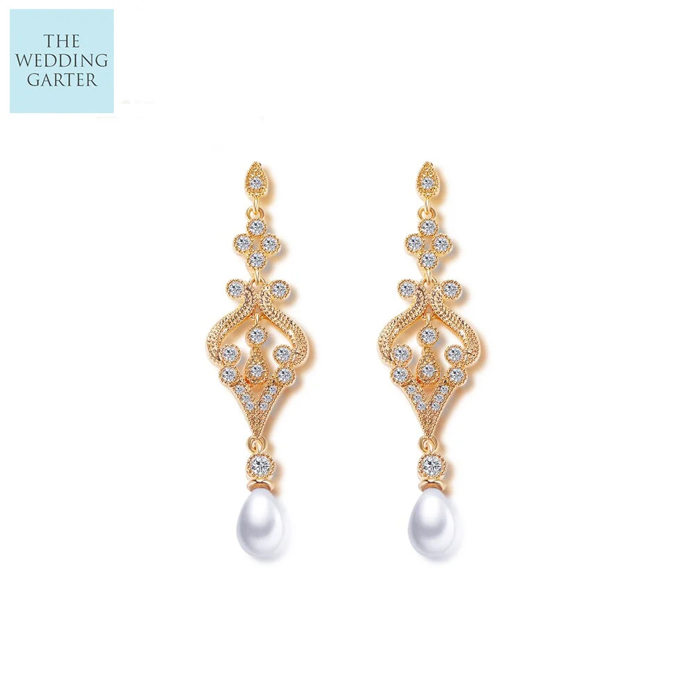 Champagne Gold & Pearl Vintage Bridal Earrings