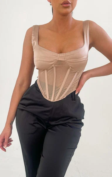 Champagne Satin Strappy Cup Detail Mesh Boned Corset Top - Sabella