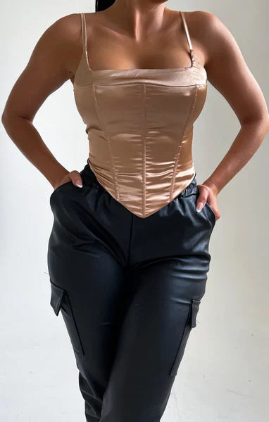 Champagne Strappy Square Neck Satin Corset Style Top - Amber