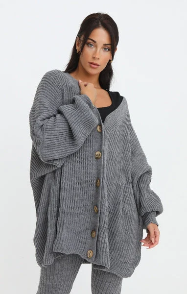 Charcoal Button Through Relaxed Fit Knitted Loungewear Set - Isabella