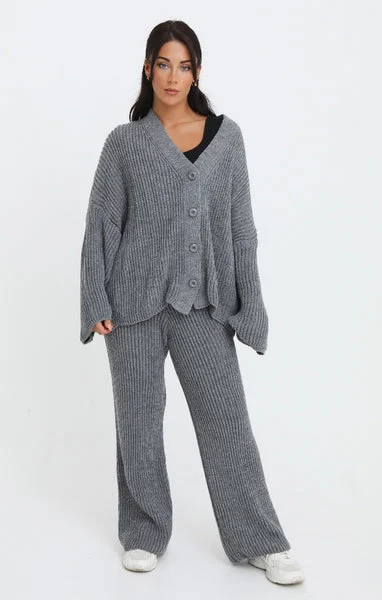 Charcoal Button Through Relaxed Fit Knitted Loungewear Set - Olivia