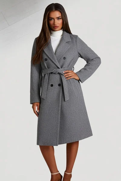 Charcoal Double Breasted Black Button Detail Belted Trench Coat - Eliana