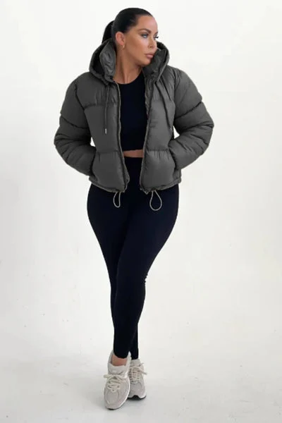 Charcoal Hooded Drawstring Cropped Puffer Jacket - Stacey