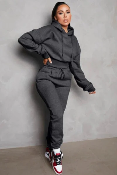 Charcoal Long Sleeve Cropped Fleece Hoodie & Cuffed Joggers Loungewear Set - Layla