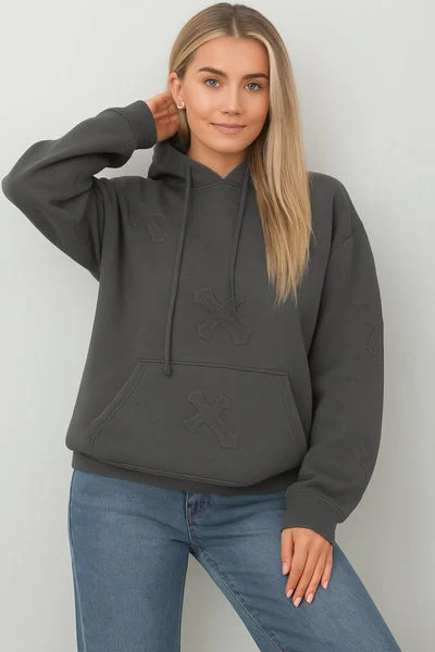 Charcoal Oversized Crucifix Cross Embroidered Hoodie - Ronisa