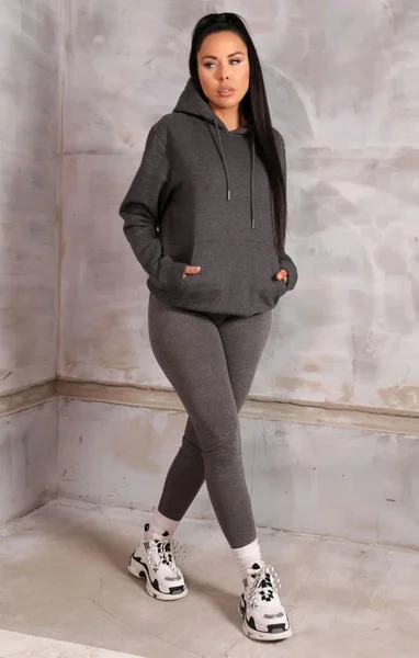 Charcoal Oversized Long Sleeve Front Pocket Drawstring Fleece Hoodie - Stella