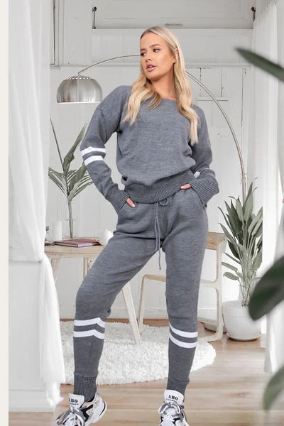 Charcoal Stripe Detail Knitted Loungewear Set – Mila
