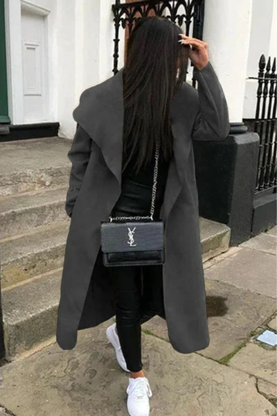 Charcoal Waterfall Duster Belted Long Coat - Pola