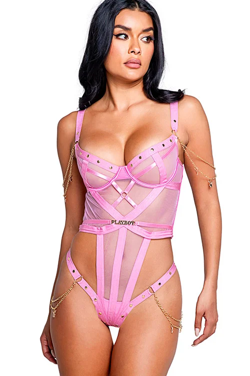 Charm Plunge Teddy with Playboy Chain Detail By Playboy Lingerie