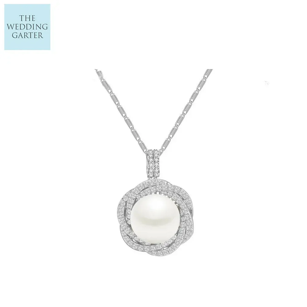 Charming Pearl & Diamond Pave Pendant Bridal Necklace