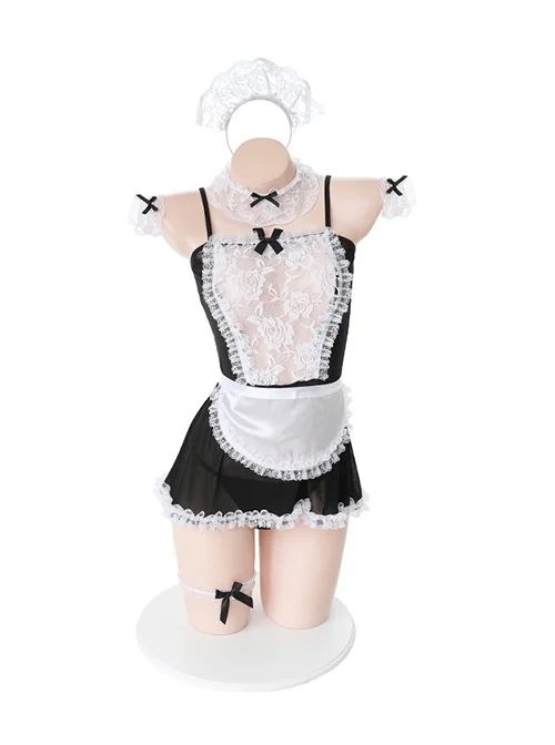 Chest See-Through Rose Lace Exposed Buttocks Black White Sweet Ruffle Maid Outfit Plus Size Sexy Lingerie Set