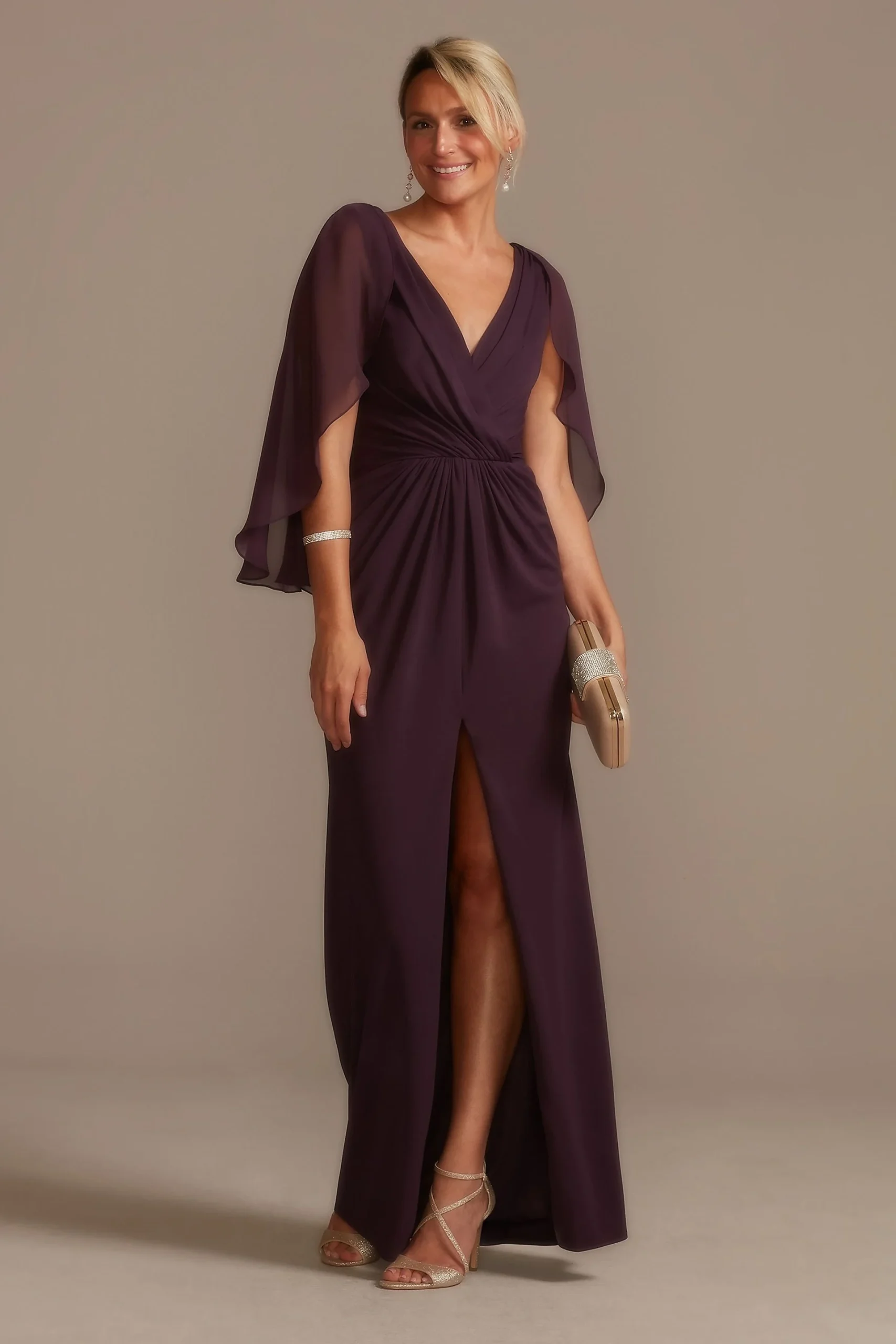 Chiffon Capelet V-Neck Pleated Dress with Slit