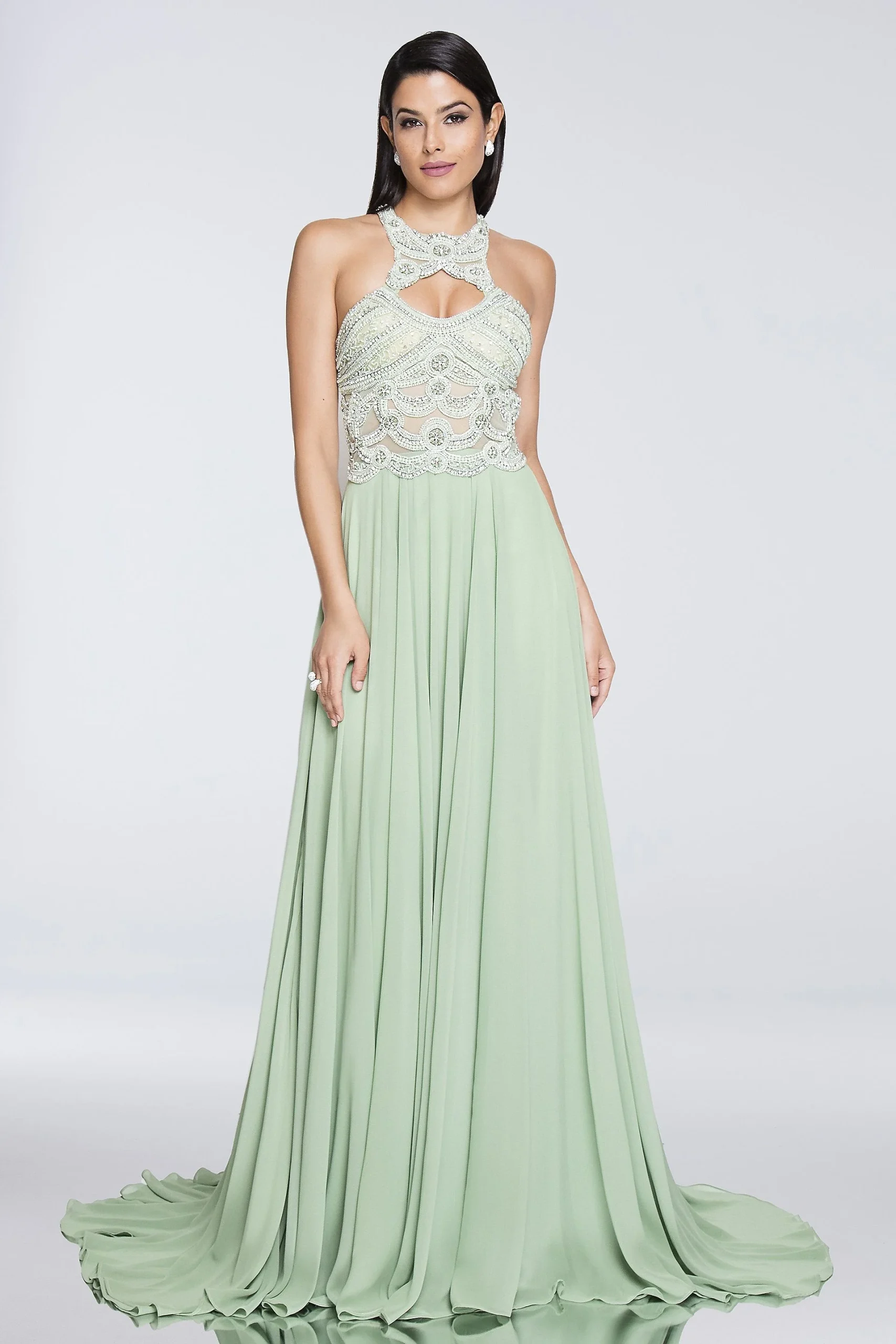 Chiffon Keyhole Halter Dress with Beaded Bodice