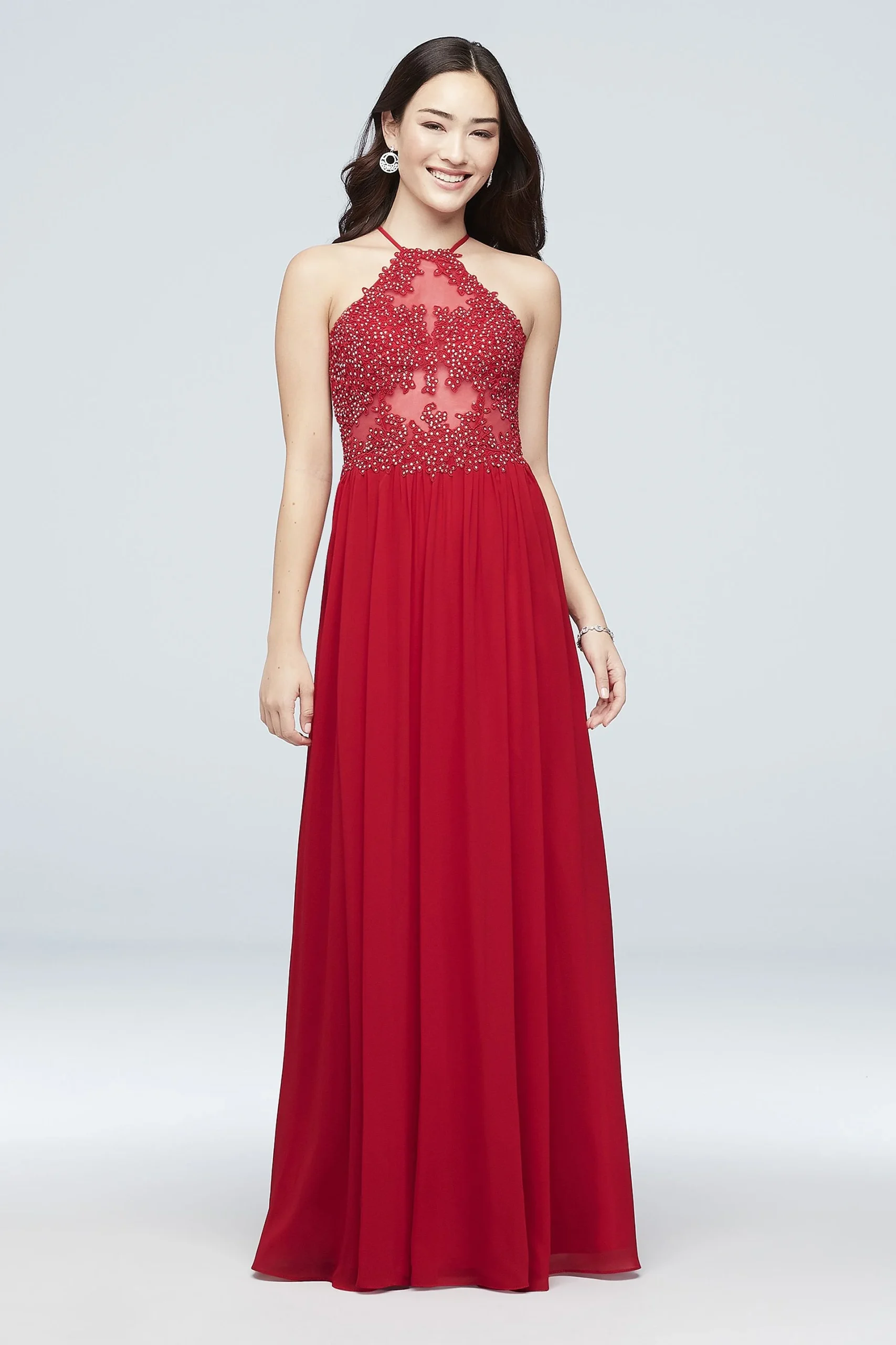 Chiffon A-Line Halter Dress with Corded Embroidery