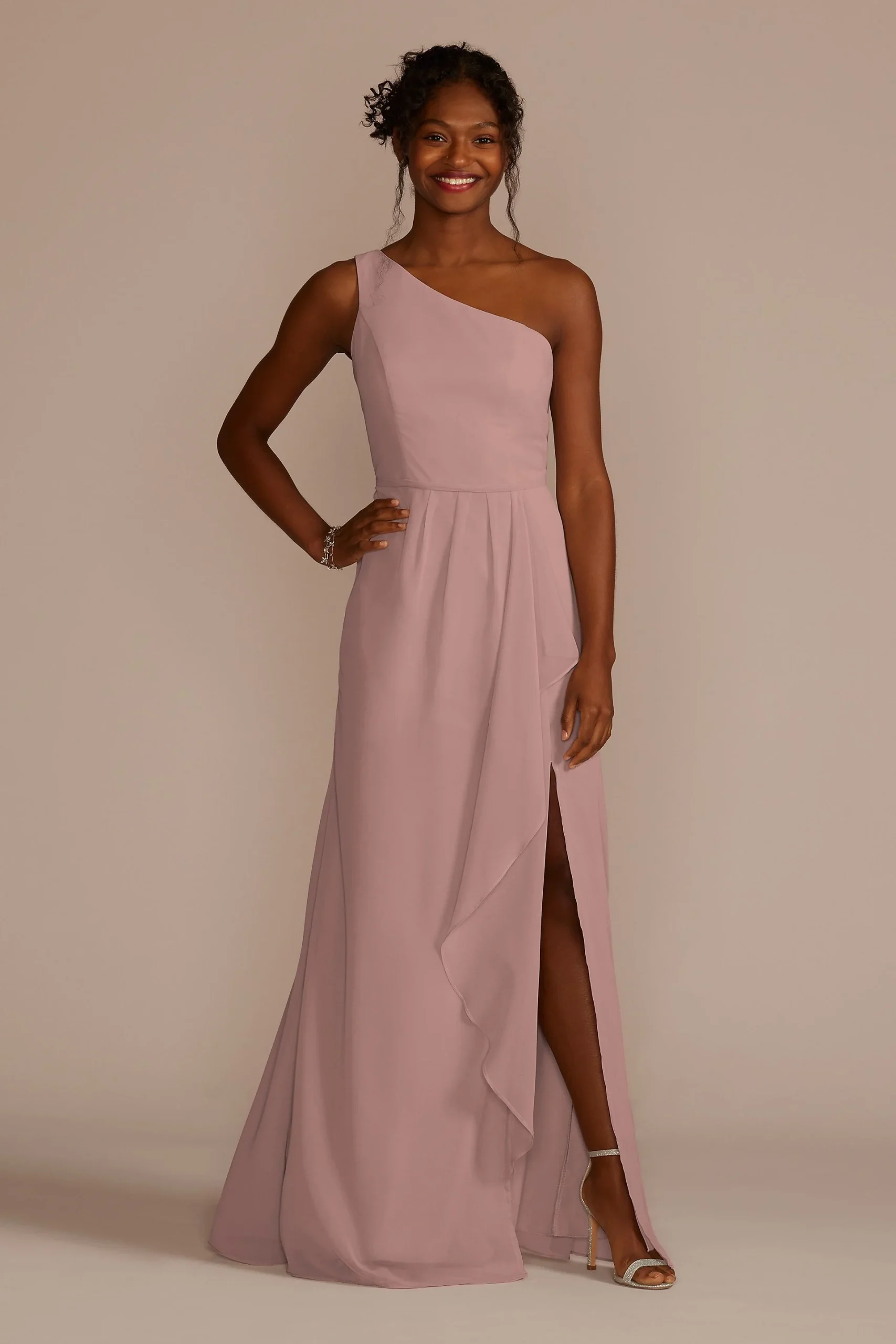 Chiffon One-Shoulder Dress with Cascade