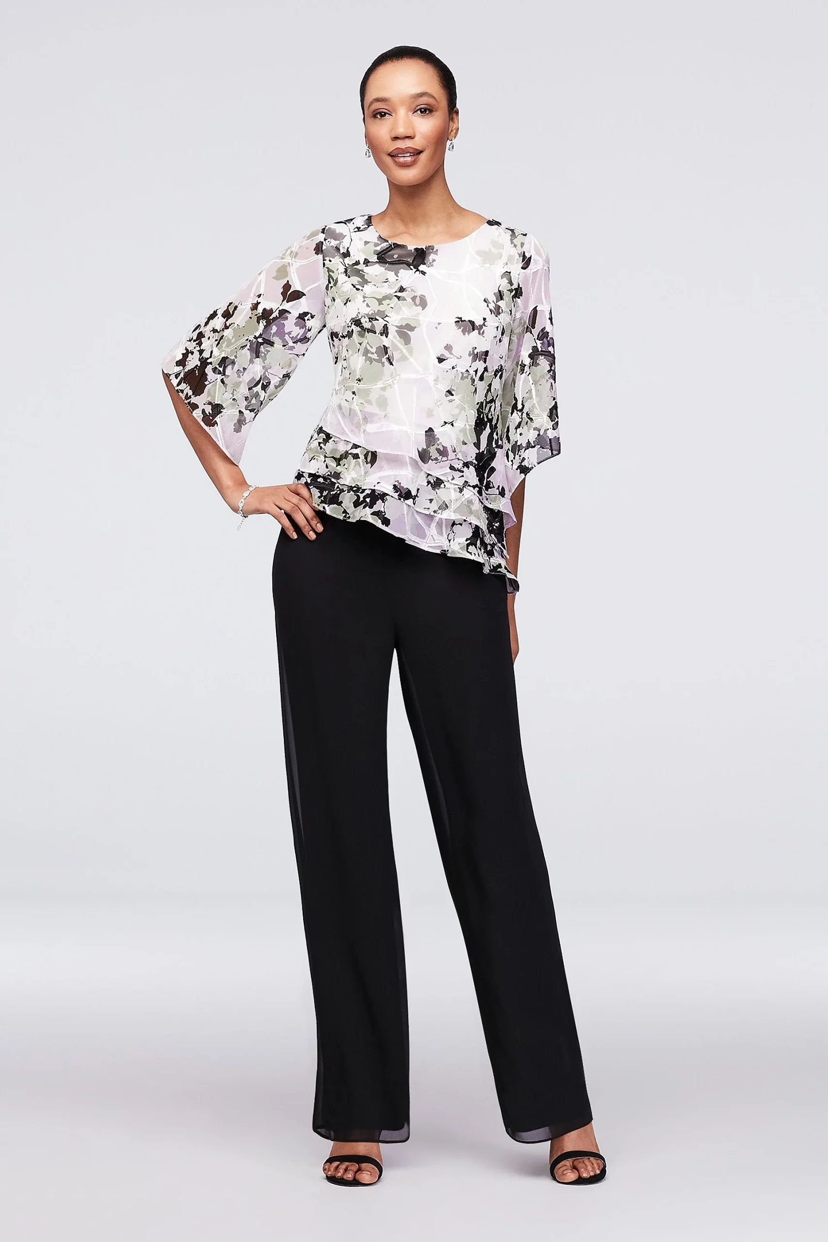 Chiffon Pantsuit with Asymmetric Tiered Hem