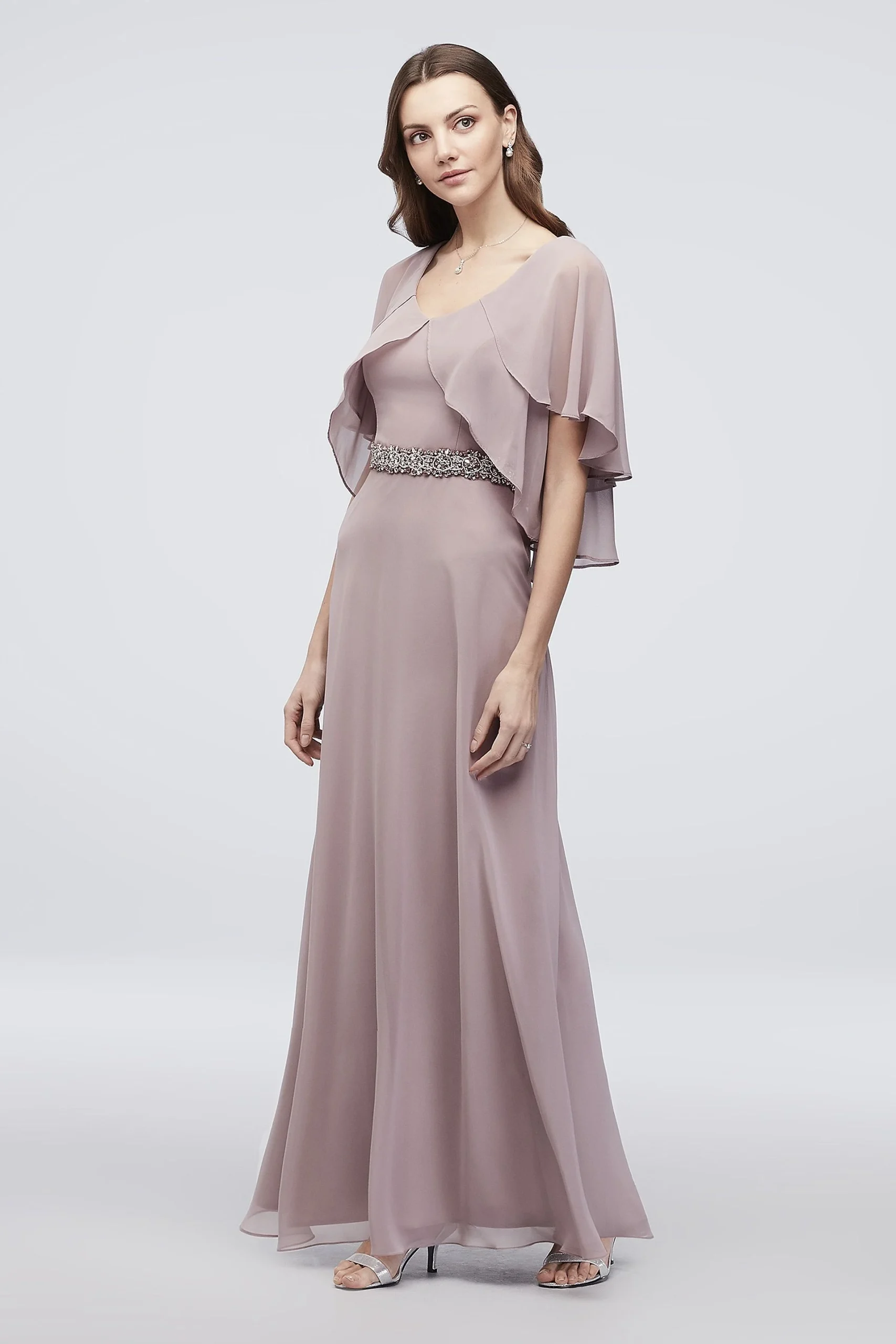 Chiffon Sheath Dress with Tiered Flutter Sleeves