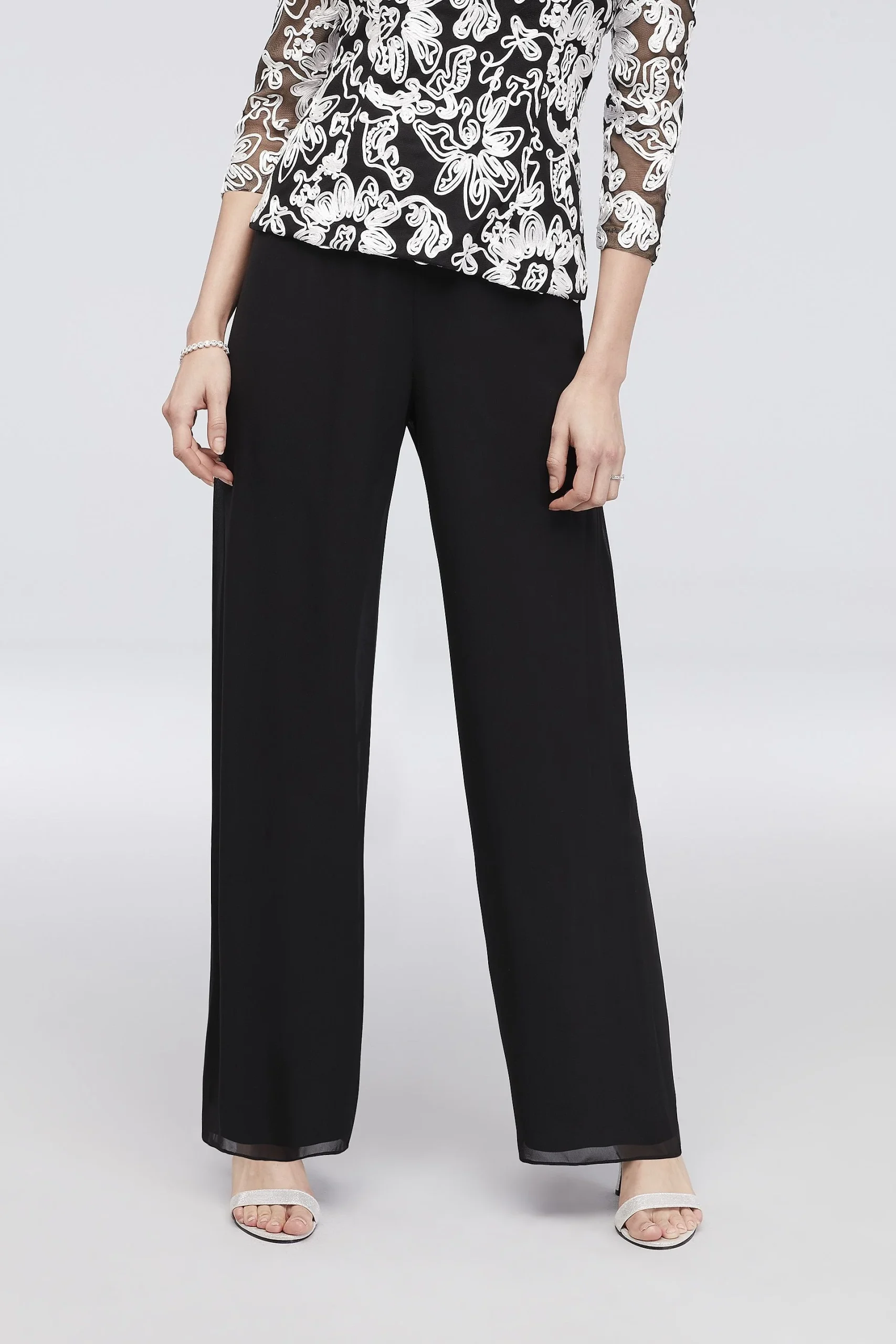 Chiffon Straight-Leg Pants with Picot Trim