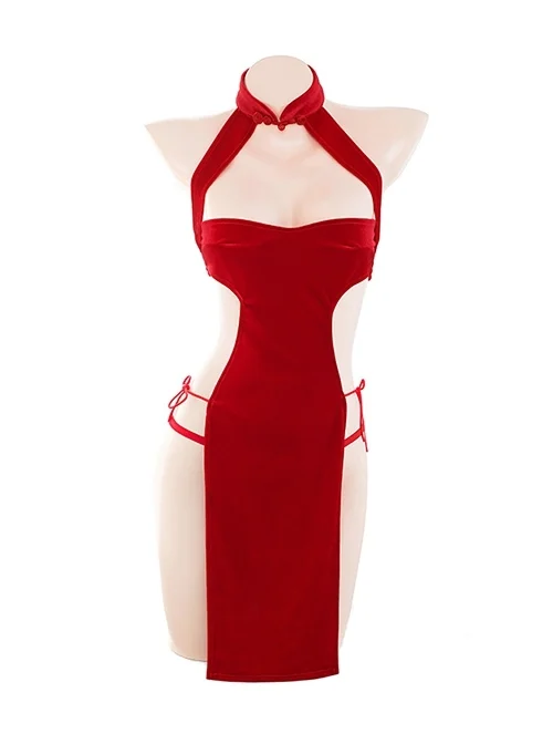 Chinese Style Red Velvet Cheongsam Stand-Up Collar Exposed Chest High Slit Split Binding Bands Sexy Lingerie Set