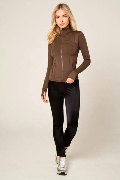 Chocolate High Neck Fitted Zip Up Lightweight Jacket - Sovanna