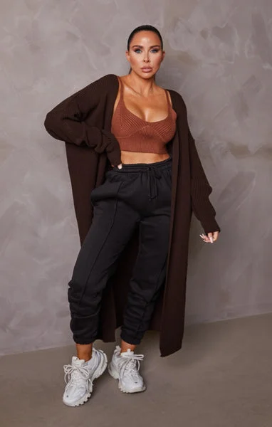Chocolate Knitted Long Balloon Sleeve Longline Cardigan - June