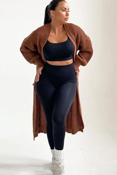 Chocolate Knitted Long Sleeve Pocket Detail Ribbed Cardigan - Leanne