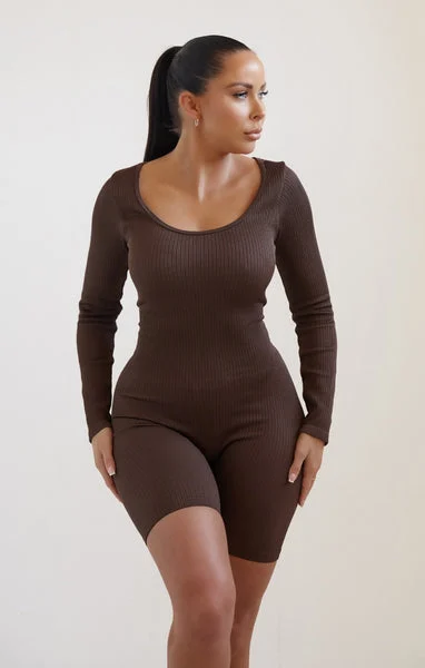 Chocolate Long Sleeve Plunge Fitted Unitard - Rahma