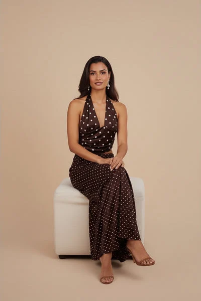 Chocolate Polka Dot Maxi Skirt & Halter Neck Top Co-ord Set- Jaune