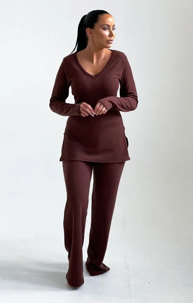 Chocolate Ribbed V Neck Long Sleeve Loungewear Set - Trisha