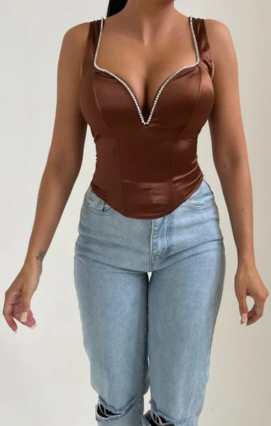Chocolate Satin Deep Plunge Diamante Corset Top - Drea